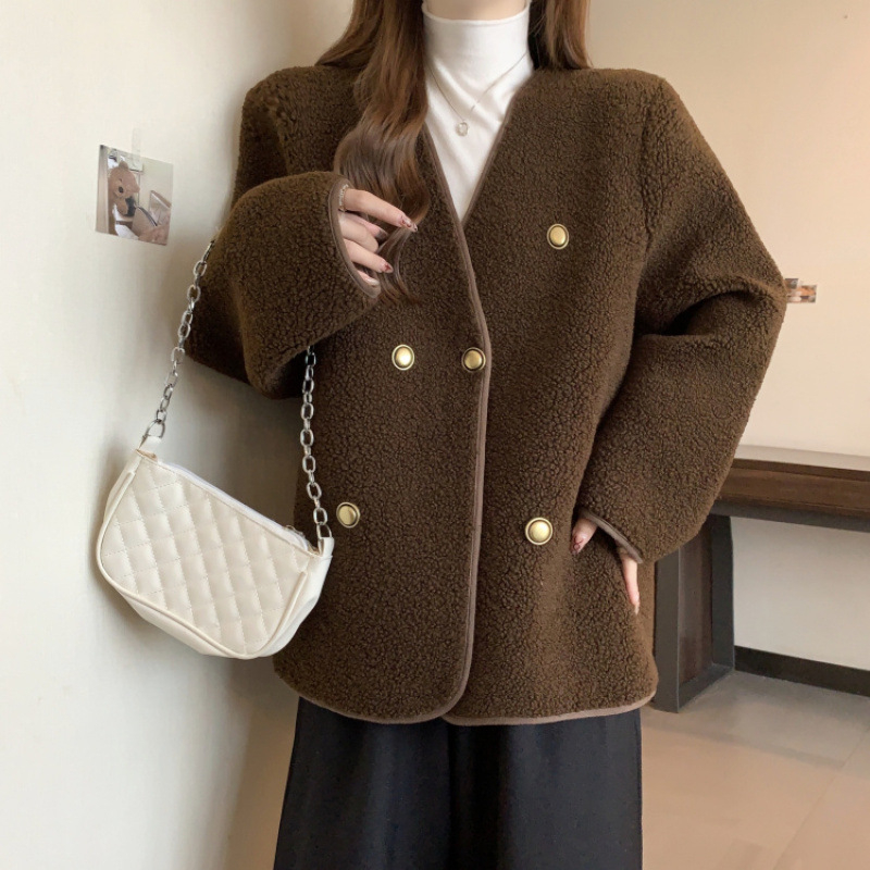 Plus-size ženski kaput, mješavina poliester-spandeks, V-izrez, dvostruko kopčanje, široki kroj