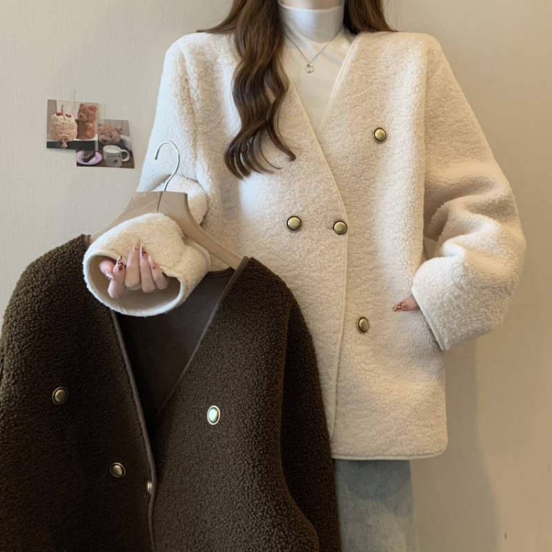 Plus-size ženski kaput, mješavina poliester-spandeks, V-izrez, dvostruko kopčanje, široki kroj