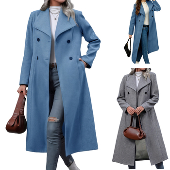 Ženski vuneni kaput, dug, elegantan gradski stil, tri gumba