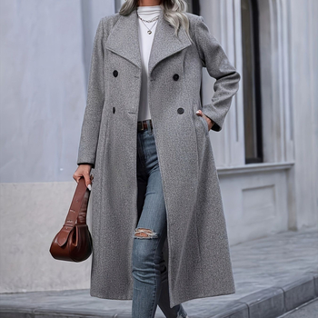 Ženski vuneni kaput, dug, elegantan gradski stil, tri gumba
