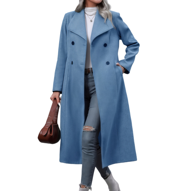 Ženski vuneni kaput, dug, elegantan gradski stil, tri gumba