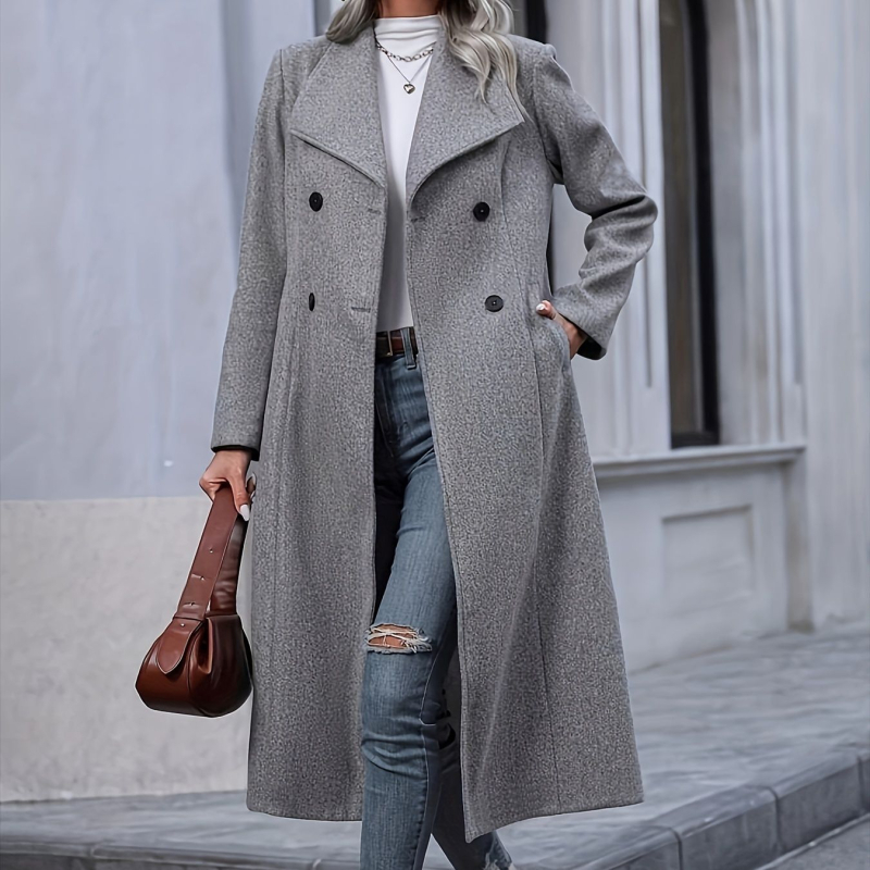 Ženski vuneni kaput, dug, elegantan gradski stil, tri gumba