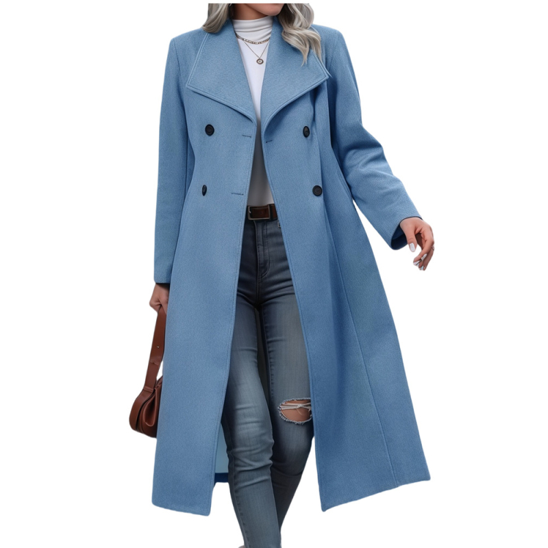 Ženski vuneni kaput, dug, elegantan gradski stil, tri gumba