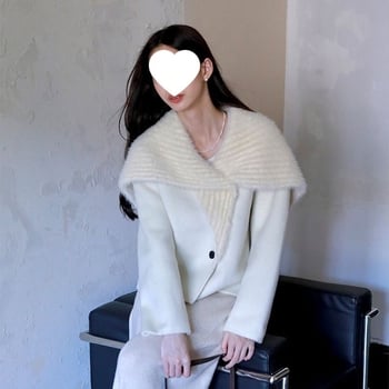 Obostrani vuneni kaput s krznom ovratnikom, chenille tkanina s elastanom, kratka duljina, slobodan kroj, 3/4 rukavi