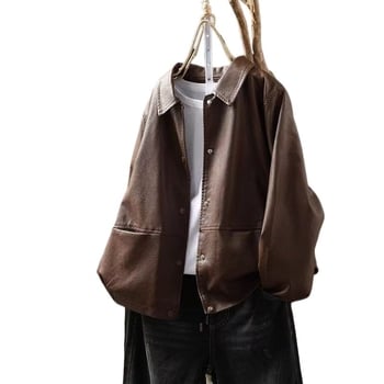 Дамско PU кожено яке, имитационна кожа, А-образна линия, квадратна яка, без ръкави, дължина 50–65 см