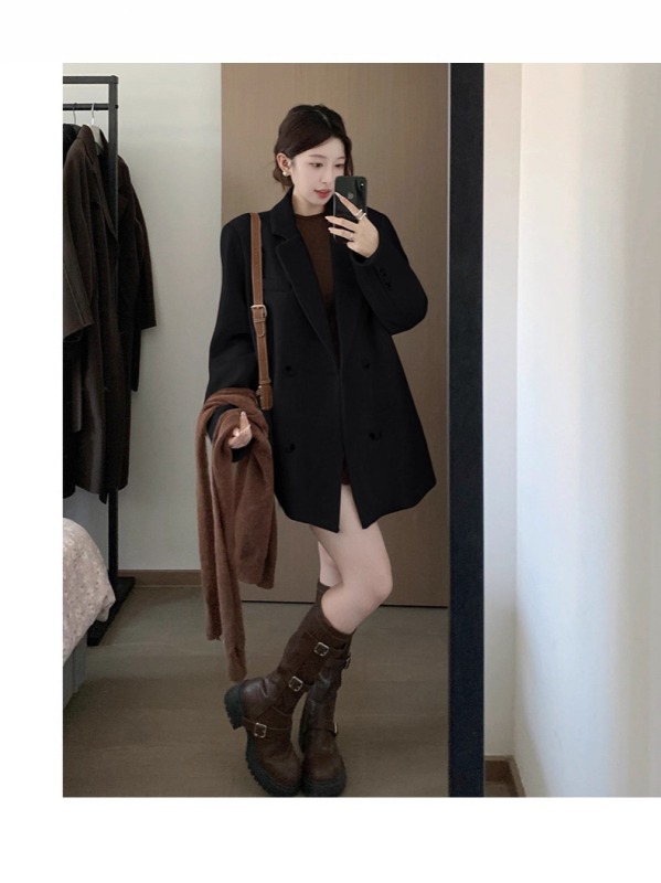 Ženski vuneni kaput – Hepburn stil, korejski stil, dvostruko kopčanje, ovratnik stila od sakoa, srednja duljina, zimski vanjski kaput (2025)
