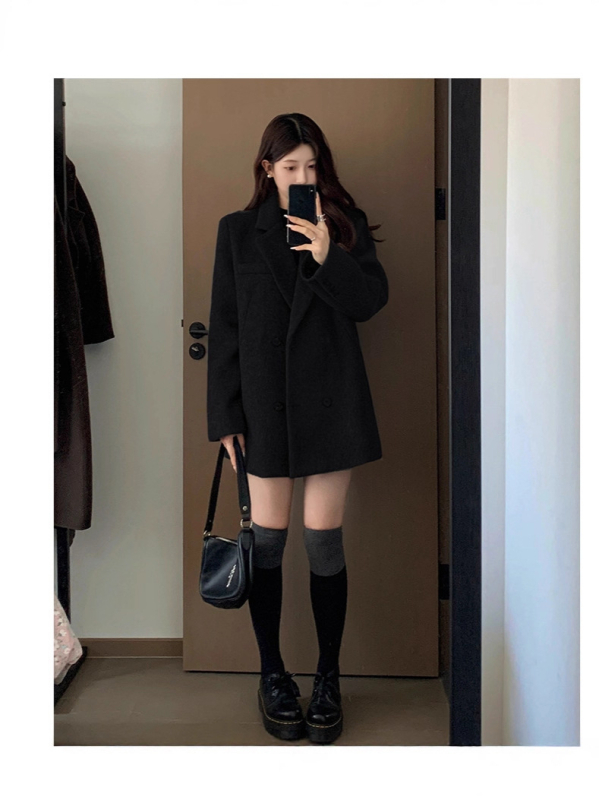 Ženski vuneni kaput – Hepburn stil, korejski stil, dvostruko kopčanje, ovratnik stila od sakoa, srednja duljina, zimski vanjski kaput (2025)