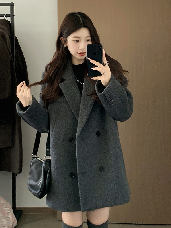 Ženski vuneni kaput – Hepburn stil, korejski stil, dvostruko kopčanje, ovratnik stila od sakoa, srednja duljina, zimski vanjski kaput (2025)
