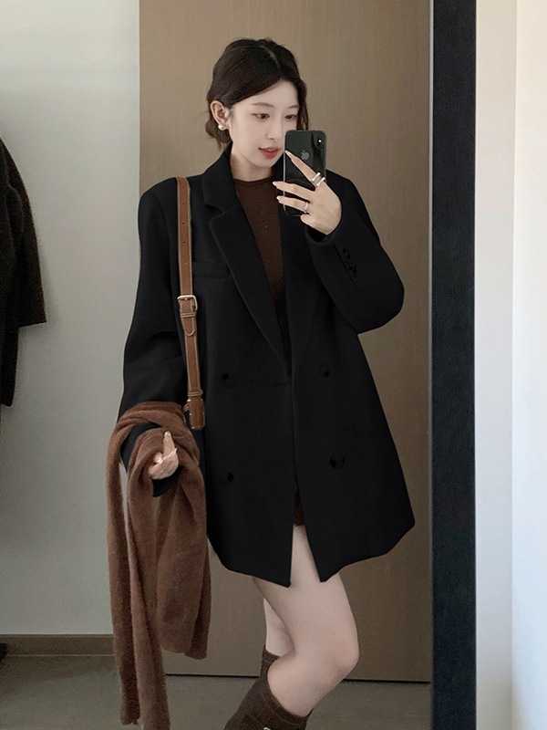 Ženski vuneni kaput – Hepburn stil, korejski stil, dvostruko kopčanje, ovratnik stila od sakoa, srednja duljina, zimski vanjski kaput (2025)