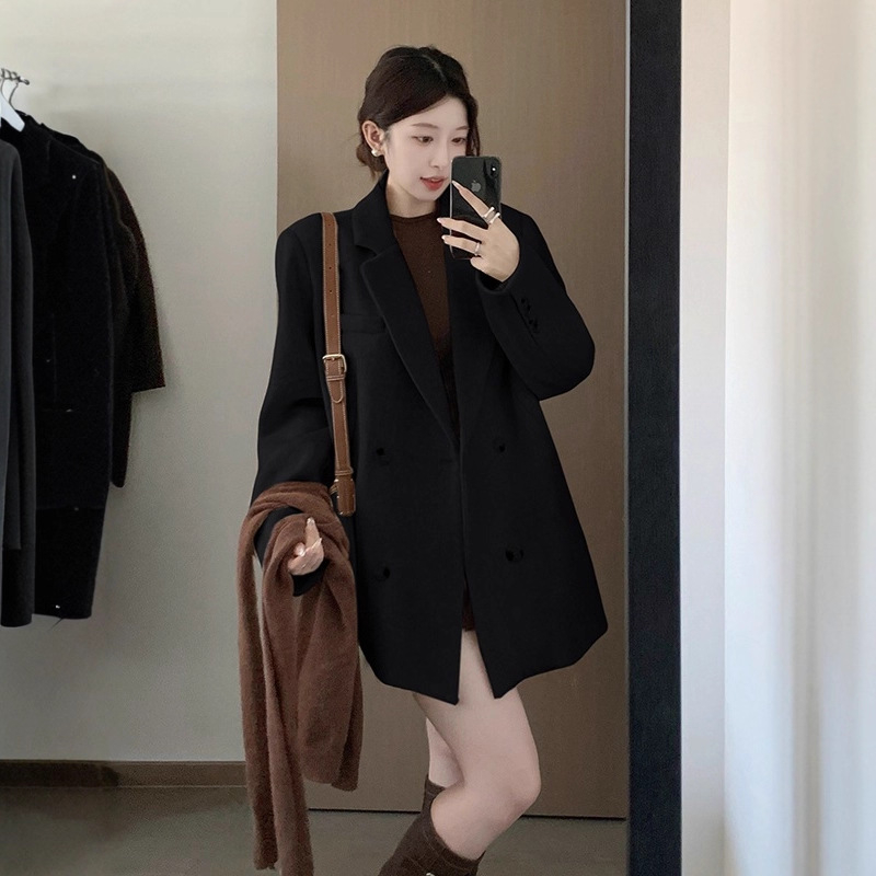 Ženski vuneni kaput – Hepburn stil, korejski stil, dvostruko kopčanje, ovratnik stila od sakoa, srednja duljina, zimski vanjski kaput (2025)