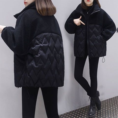 Ženski plus-size kratki zimski kaput s pamukom i panelima od ovčje vune, stojeći ovratnik, chenille tkanina s elastanom (≤40 cm)