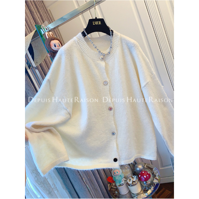 Ženski pamučni pleteni kardigan slobodnog kroja, okrugli izrez, dugi rukavi, 30-50% elastan, japansko-korejski ležerni stil, jesen 2025