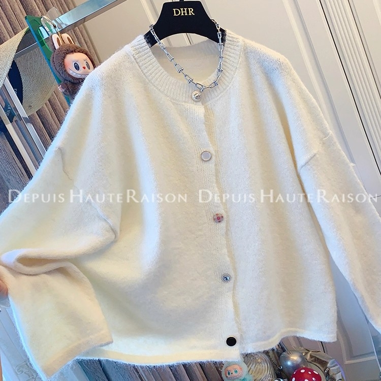 Ženski pamučni pleteni kardigan slobodnog kroja, okrugli izrez, dugi rukavi, 30-50% elastan, japansko-korejski ležerni stil, jesen 2025