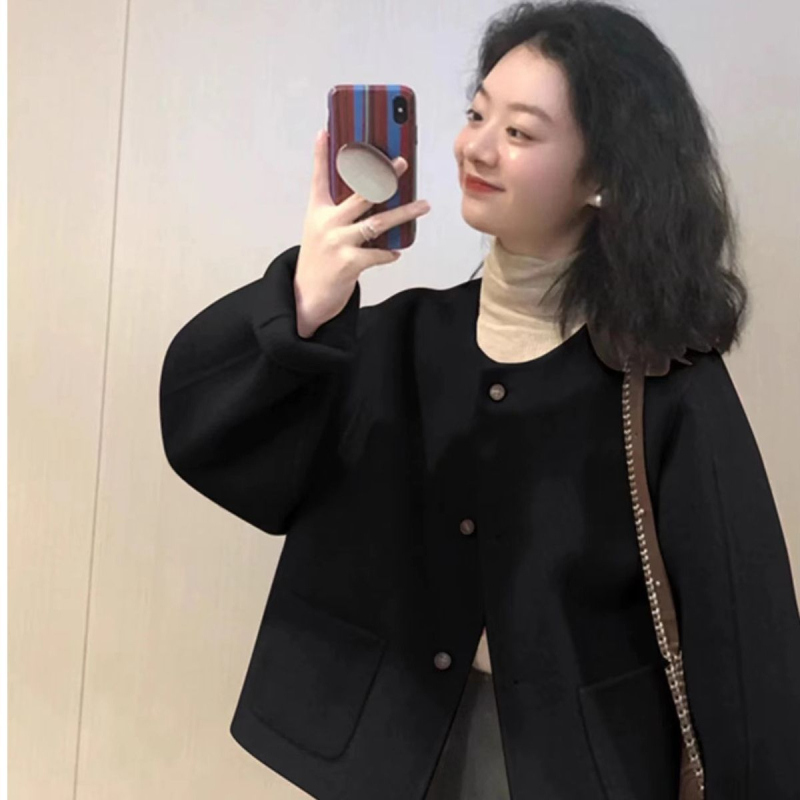 Chenille ženski kaput, kratka duljina, udoban kroj, 3/4 rukava, okrugli ovratnik, japansko-korejski ležerni stil