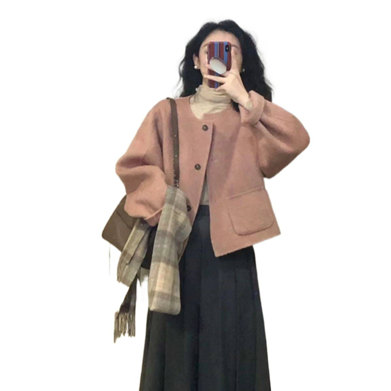 Chenille ženski kaput, kratka duljina, udoban kroj, 3/4 rukava, okrugli ovratnik, japansko-korejski ležerni stil