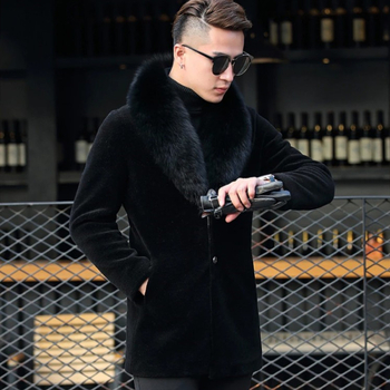 Férfi műszőrme kabát középhosszú, lazább szabás, egyréses gombolás, zakószerű gallér, műszőr