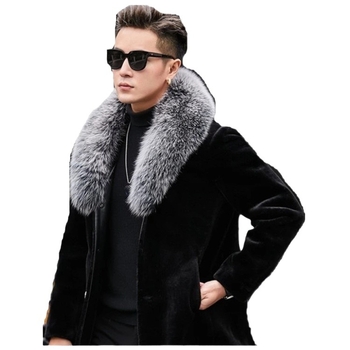 Férfi műszőrme kabát középhosszú, lazább szabás, egyréses gombolás, zakószerű gallér, műszőr