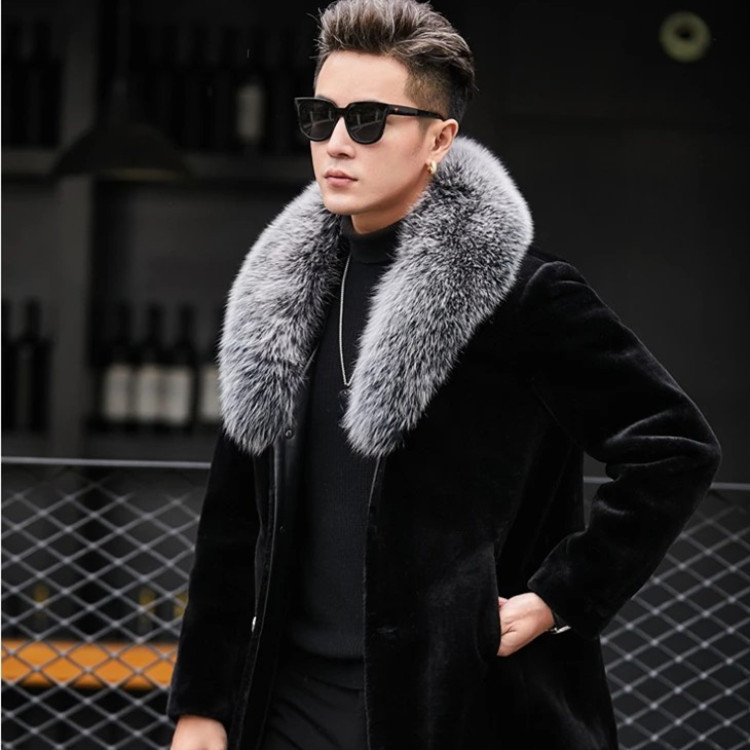 Férfi műszőrme kabát középhosszú, lazább szabás, egyréses gombolás, zakószerű gallér, műszőr