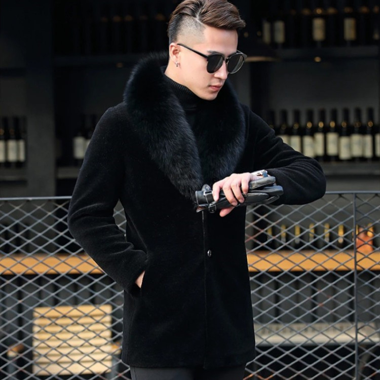 Férfi műszőrme kabát középhosszú, lazább szabás, egyréses gombolás, zakószerű gallér, műszőr