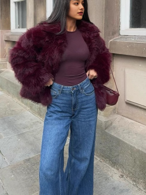 Ženski zimski kaput od umjetnog krzna s ovratnikom od lažne lisice, dugi rukavi, elegantan stil