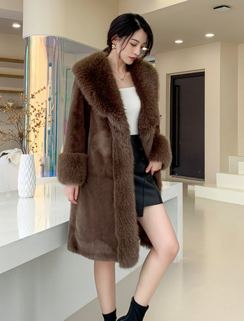 Μακρύ παλτό mink velvet γούνας, με κουκούλα, γούνινο γιακά από συνθετική γούνα, ύφασμα ακέτα, υψηλή περιεκτικότητα ινών, στυλ Lazy Wind, άνοιξη 2024