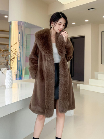 Μακρύ παλτό mink velvet γούνας, με κουκούλα, γούνινο γιακά από συνθετική γούνα, ύφασμα ακέτα, υψηλή περιεκτικότητα ινών, στυλ Lazy Wind, άνοιξη 2024