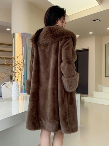 Μακρύ παλτό mink velvet γούνας, με κουκούλα, γούνινο γιακά από συνθετική γούνα, ύφασμα ακέτα, υψηλή περιεκτικότητα ινών, στυλ Lazy Wind, άνοιξη 2024