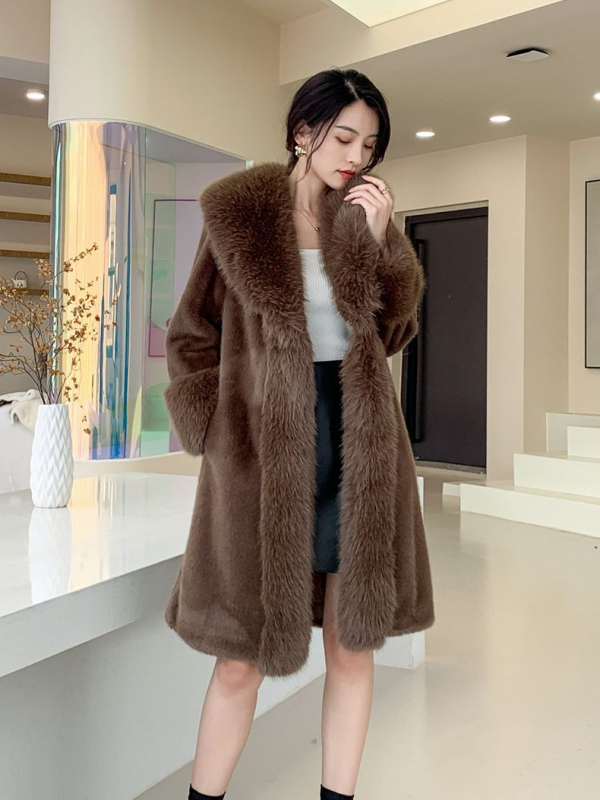 Μακρύ παλτό mink velvet γούνας, με κουκούλα, γούνινο γιακά από συνθετική γούνα, ύφασμα ακέτα, υψηλή περιεκτικότητα ινών, στυλ Lazy Wind, άνοιξη 2024