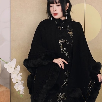 Palton tricotat cu ciucuri, stil național literar retro, poliester, Iarna 2025, fără guler, fără mâneci, lungime 50–65 cm