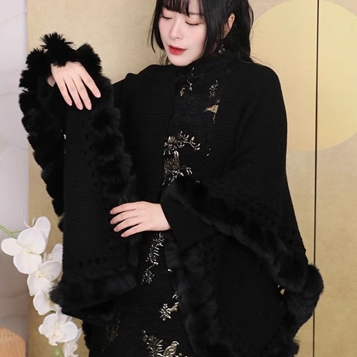 Palton tricotat cu ciucuri, stil național literar retro, poliester, Iarna 2025, fără guler, fără mâneci, lungime 50–65 cm