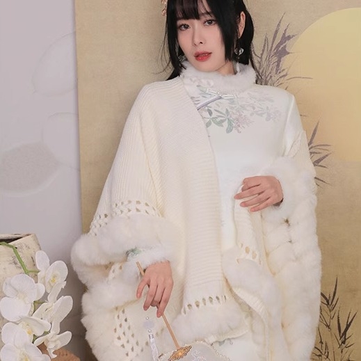 Palton tricotat cu ciucuri, stil național literar retro, poliester, Iarna 2025, fără guler, fără mâneci, lungime 50–65 cm