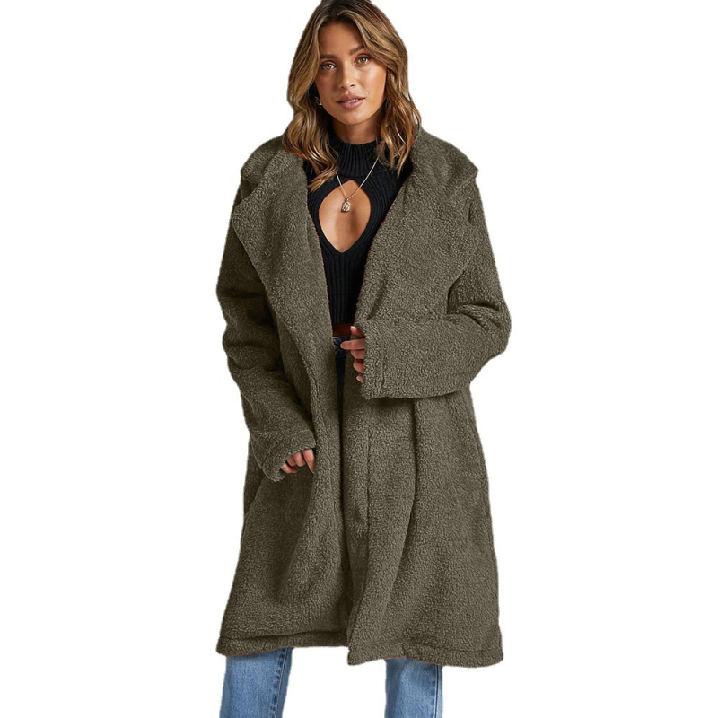 Kozuh od umjetnog krzna, srednja duljina, dugi rukavi, neodvojivi ovratnik, umjetno krzno, imitacija ovčje vune, ženski street style kaput