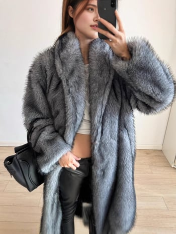 Bolavi ženski ekološki lažni krzneni kaput, produženi kroj, rever ovratnik, dugi rukavi, mješavina Spandexa, proljeće 2025, Stil Kraljevske Sestre