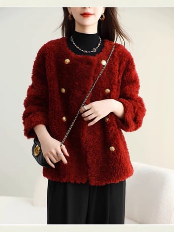 Ženski kaput od krzna, kratak model, tkanina od vune i poliestera, dugi rukavi, duljina 50–65 cm, zima 2024