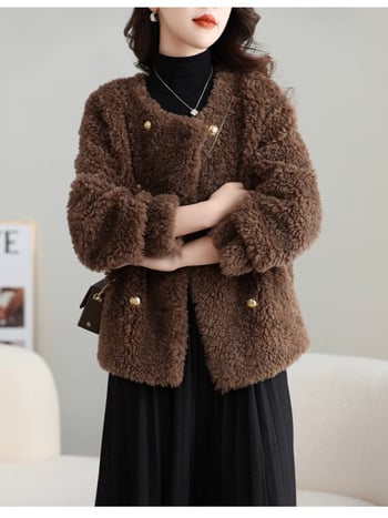 Ženski kaput od krzna, kratak model, tkanina od vune i poliestera, dugi rukavi, duljina 50–65 cm, zima 2024