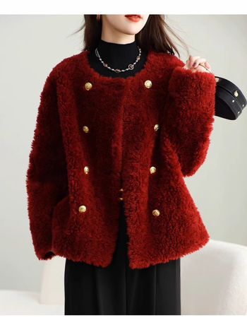 Ženski kaput od krzna, kratak model, tkanina od vune i poliestera, dugi rukavi, duljina 50–65 cm, zima 2024