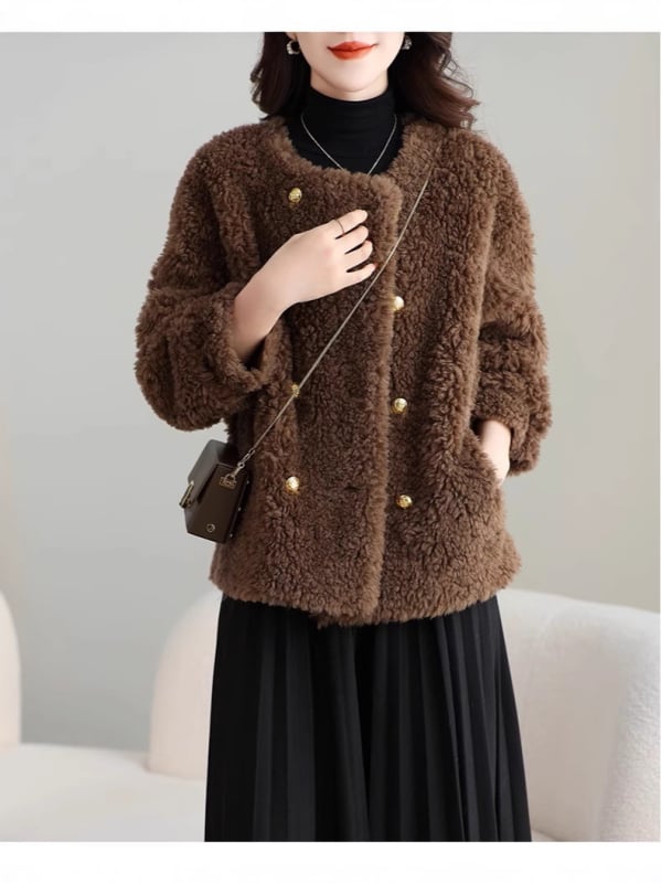 Ženski kaput od krzna, kratak model, tkanina od vune i poliestera, dugi rukavi, duljina 50–65 cm, zima 2024