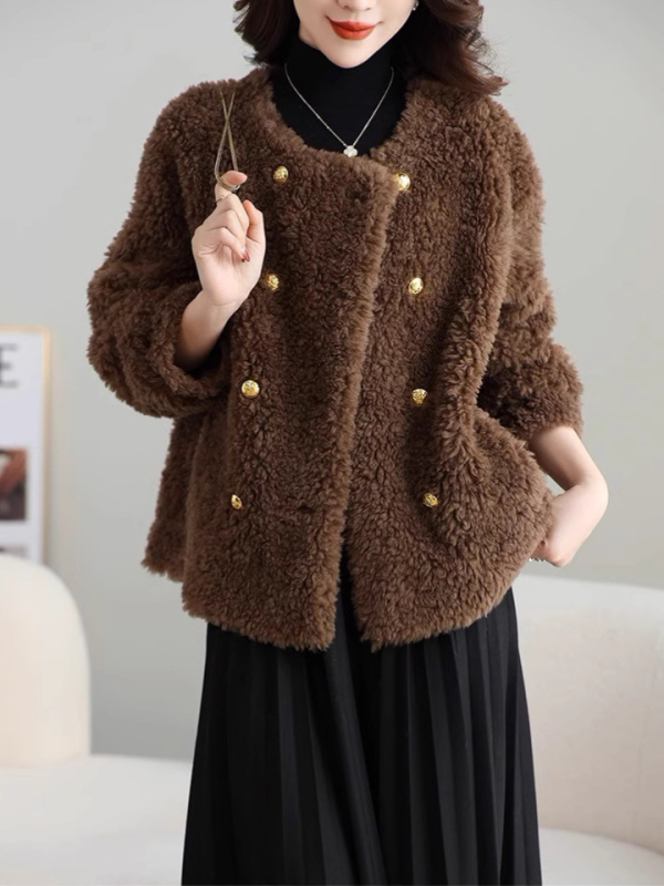 Ženski kaput od krzna, kratak model, tkanina od vune i poliestera, dugi rukavi, duljina 50–65 cm, zima 2024