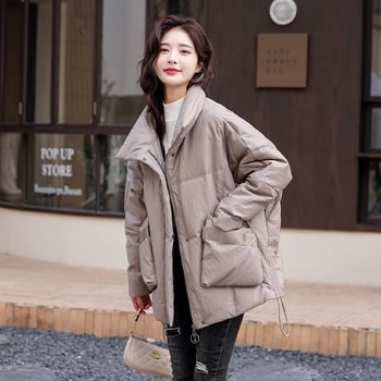 PU kožna jakna s punom od bijelog pačjeg perja, korejski stil, duljina 50-65 cm