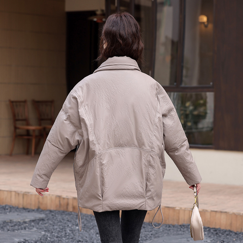 PU kožna jakna s punom od bijelog pačjeg perja, korejski stil, duljina 50-65 cm