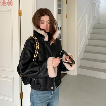 PU audinio striukė su lotoso lapų apykakle, užtrauktukas, rankovės 9/10, gatvės mados stilius, moterims