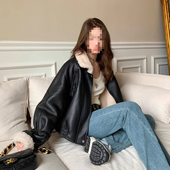 PU audinio striukė su lotoso lapų apykakle, užtrauktukas, rankovės 9/10, gatvės mados stilius, moterims