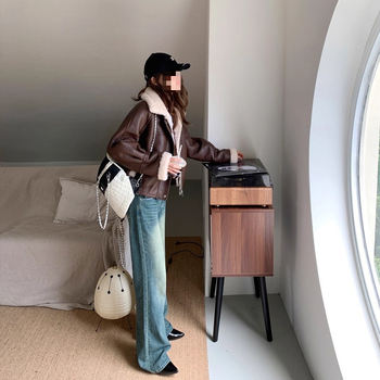 PU audinio striukė su lotoso lapų apykakle, užtrauktukas, rankovės 9/10, gatvės mados stilius, moterims