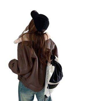 PU audinio striukė su lotoso lapų apykakle, užtrauktukas, rankovės 9/10, gatvės mados stilius, moterims