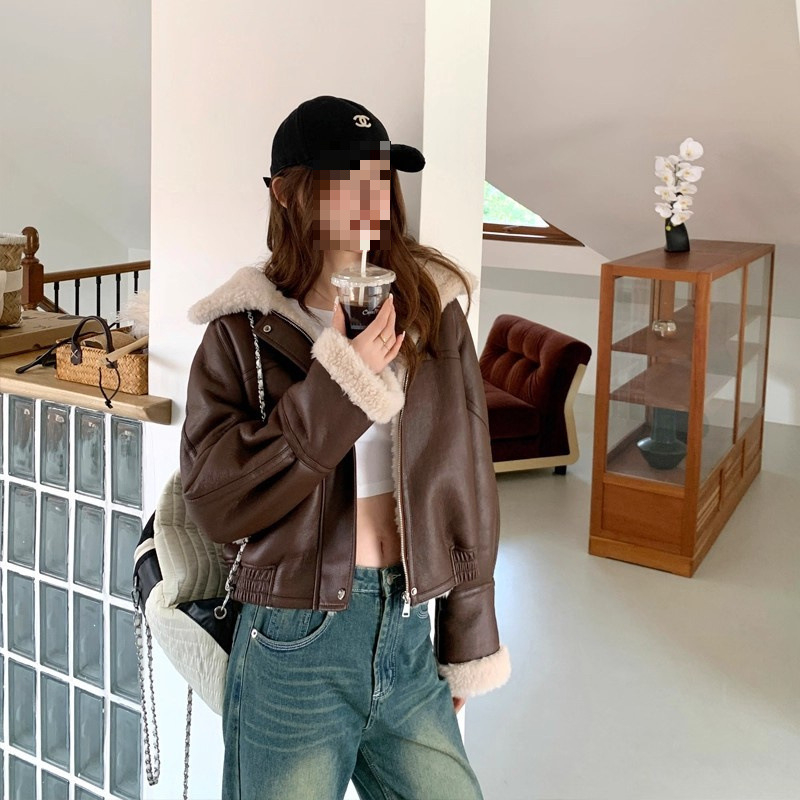 PU audinio striukė su lotoso lapų apykakle, užtrauktukas, rankovės 9/10, gatvės mados stilius, moterims