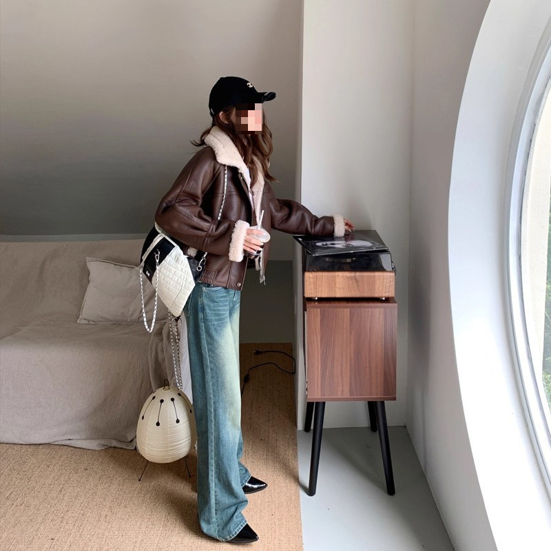 PU audinio striukė su lotoso lapų apykakle, užtrauktukas, rankovės 9/10, gatvės mados stilius, moterims