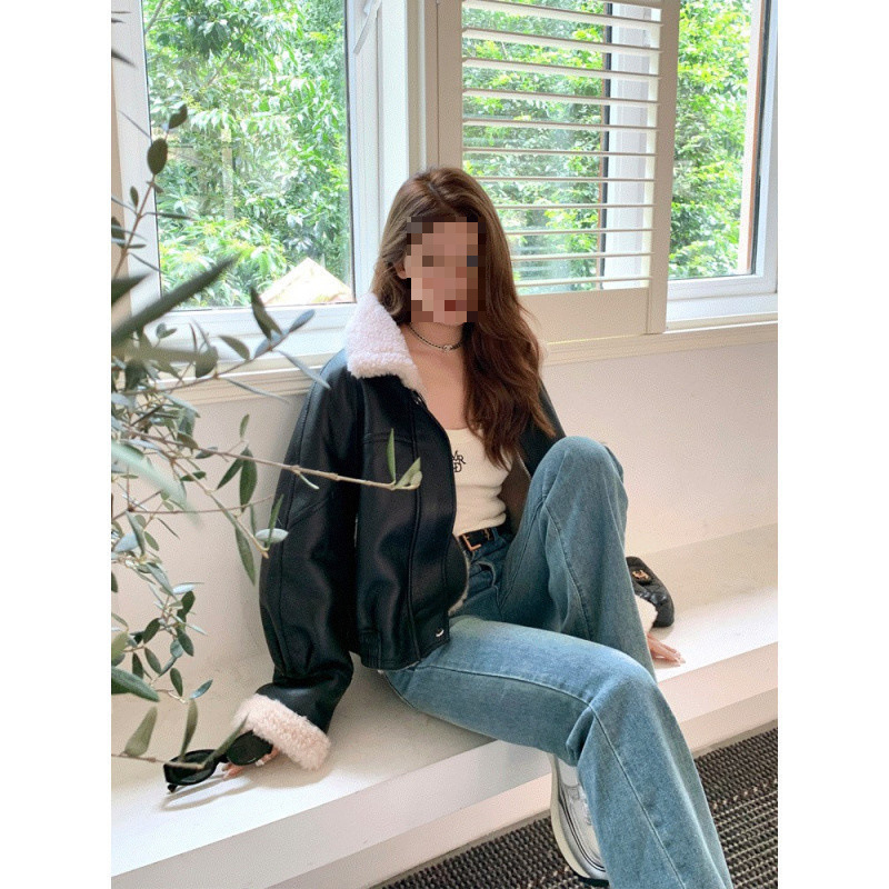 PU audinio striukė su lotoso lapų apykakle, užtrauktukas, rankovės 9/10, gatvės mados stilius, moterims