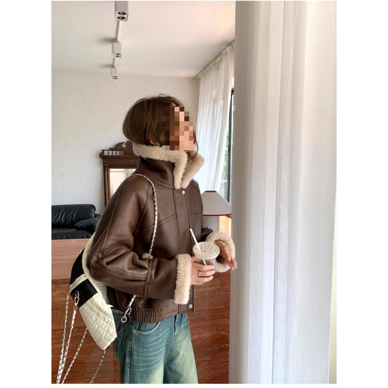 PU audinio striukė su lotoso lapų apykakle, užtrauktukas, rankovės 9/10, gatvės mados stilius, moterims