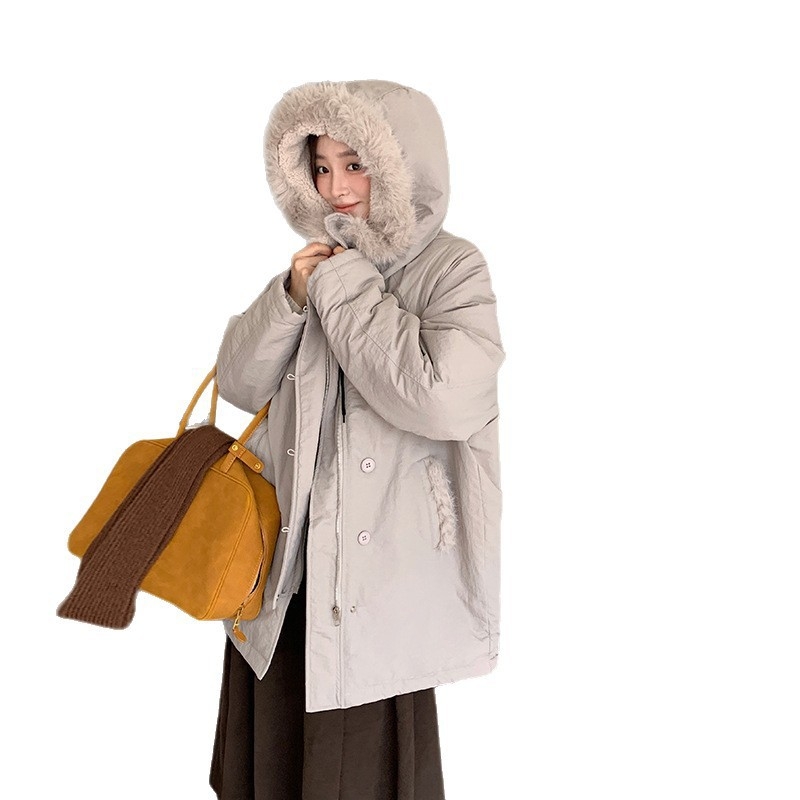 Ženski kaput od pamuka s kapuljom i umjetnim krznom, karirani uzorak, širok kroj, zatvarač.