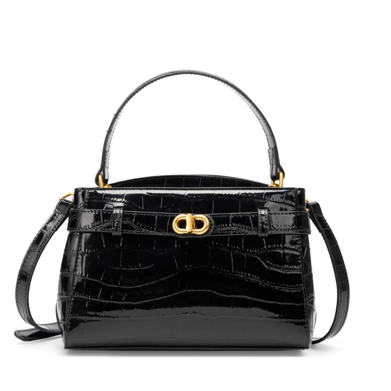 Kelly torba – prava koža, uzorak krokodila, zaključavanje lokotom, horizontalni četvrtasti oblik, unutarnja džep s zatvaračem i džep za telefon, crossbody s jednim remenom
